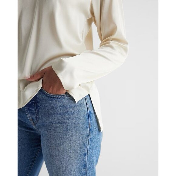 Express Womens Satin Long Sleeve Pleated Gramercy Tee Sandshell Size XS NWT $54 - Picture 2 of 16